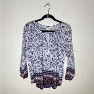 BLL New York Floral Print Women's Top - Blue and White w/ Beaded Detail Small